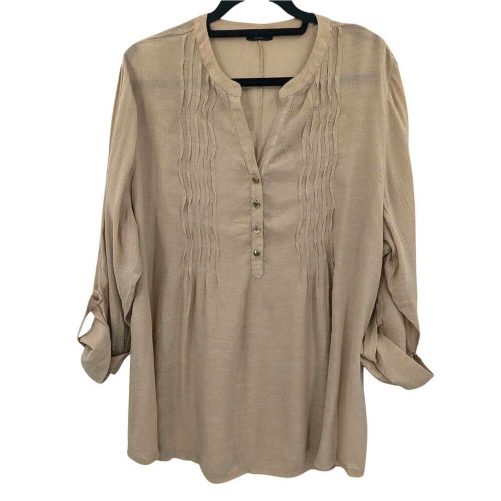 Cocomo Pintuck Tunic Top Women Size XL Roll Tab Sleeves Henley Office Neutral